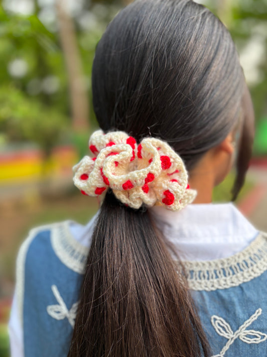 Red Heart and white scrunchy