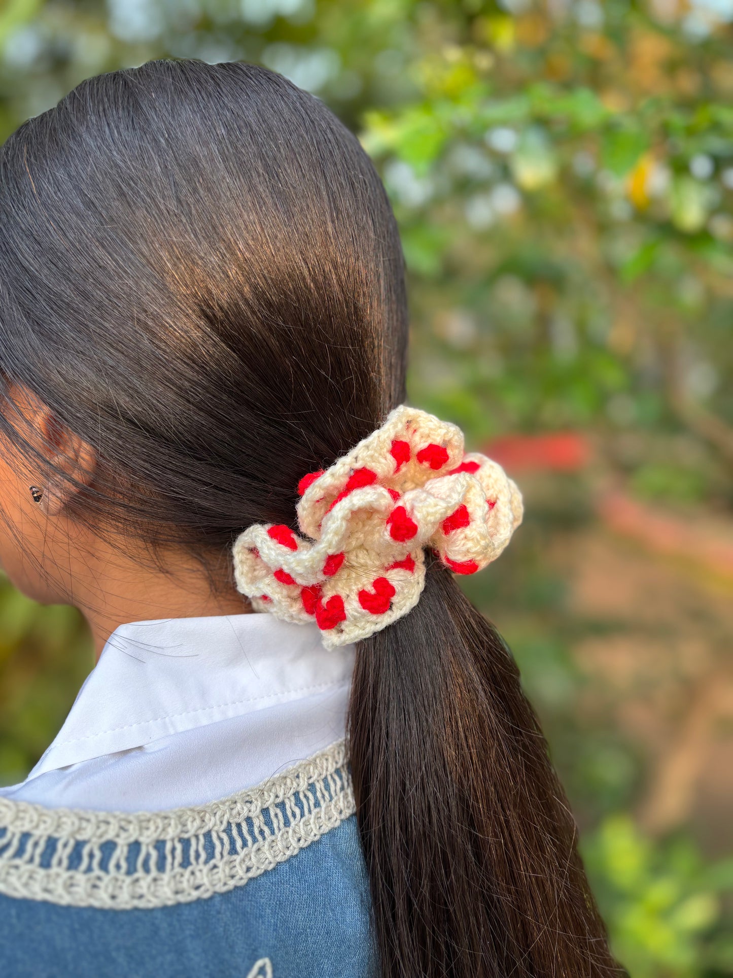 Red Heart and white scrunchy