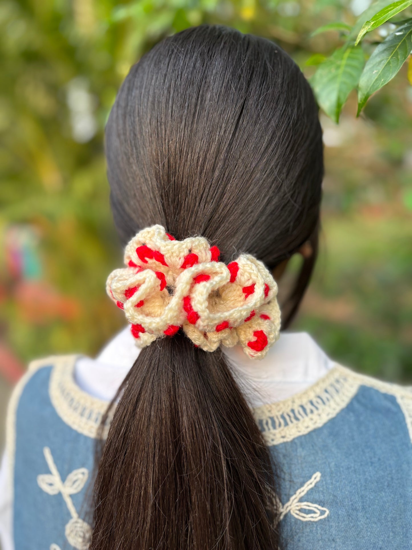 Red Heart and white scrunchy