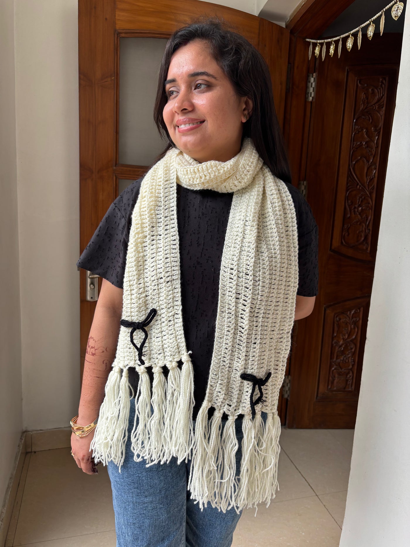 Ivory bow scarf white