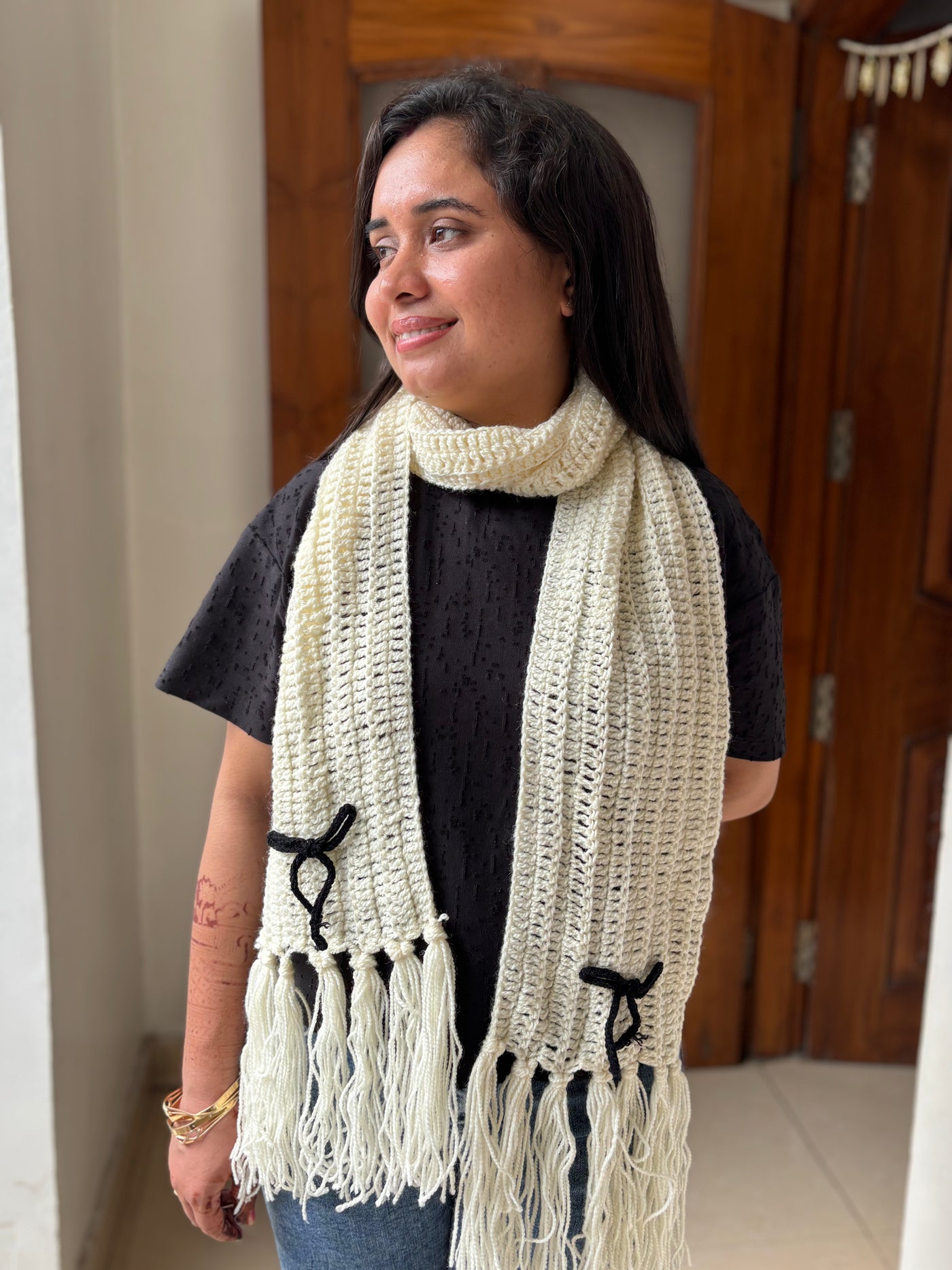 Ivory bow scarf white