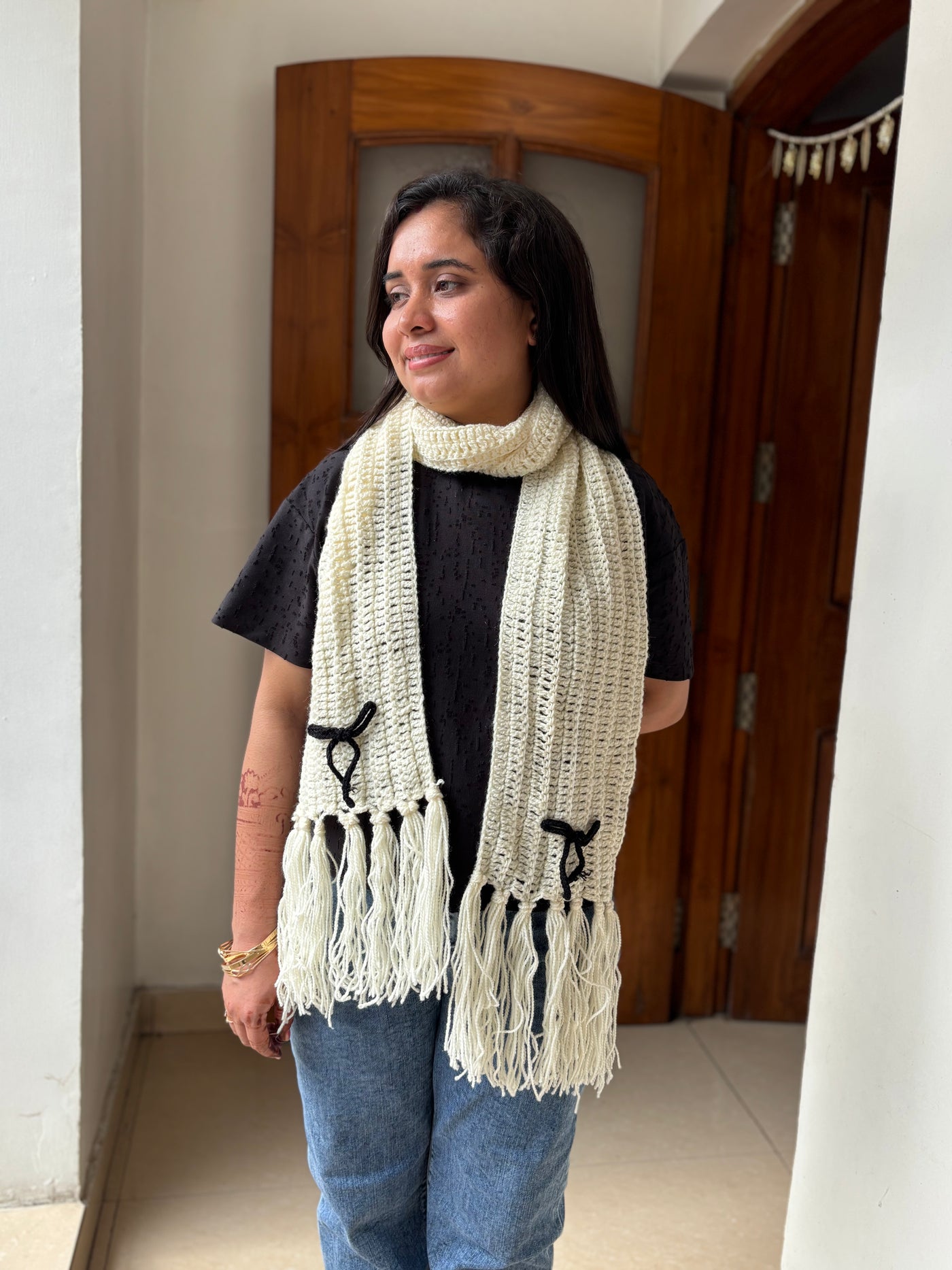 Ivory bow scarf white