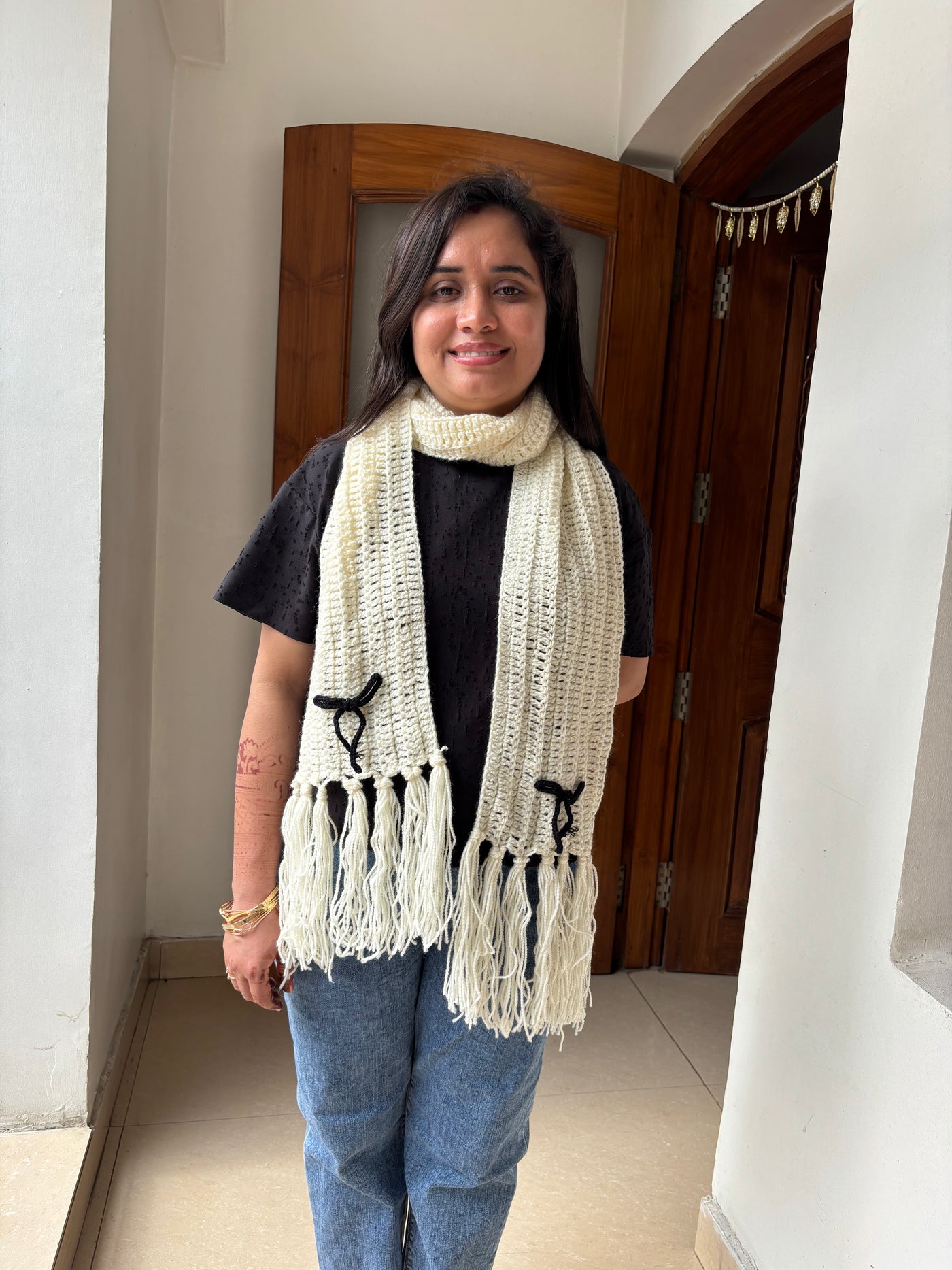 Ivory bow scarf white